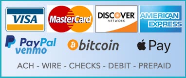 Credit, PayPal, Venmo, ApplePay, Bitcoin, Dai, Dogecoin, Etherium, Litecoin and more